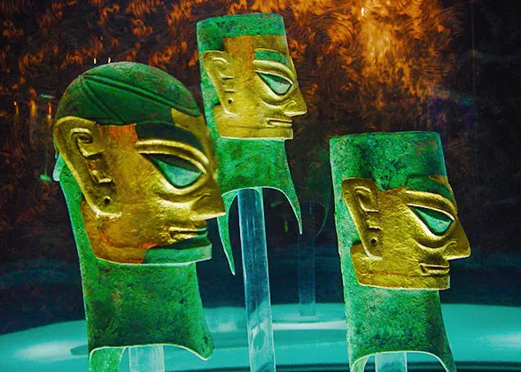 Sanxingdui bronze masks with gold detailing